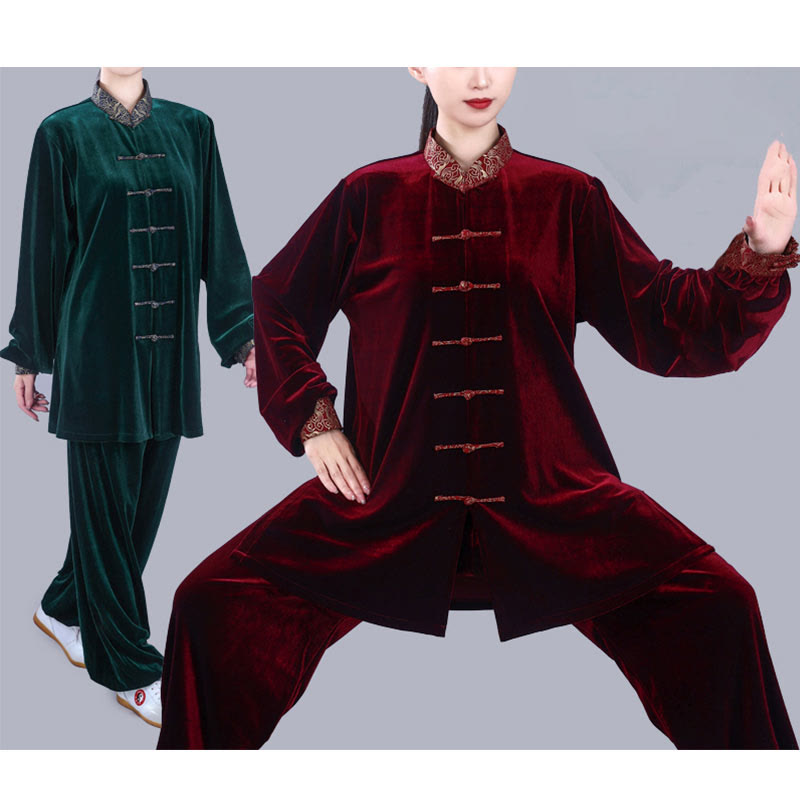 Buddha Stones 2-teiliges Herbst-Winter-Tai-Chi-Qigong-Set mit glückverheißenden Wolken, Stehkragen, Froschknopf, Unisex-Velours-Meditationskleidung - image 19