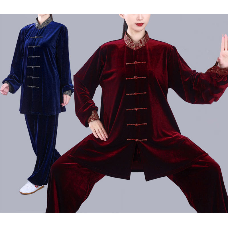 Buddha Stones 2-teiliges Herbst-Winter-Tai-Chi-Qigong-Set mit glückverheißenden Wolken, Stehkragen, Froschknopf, Unisex-Velours-Meditationskleidung - image 20