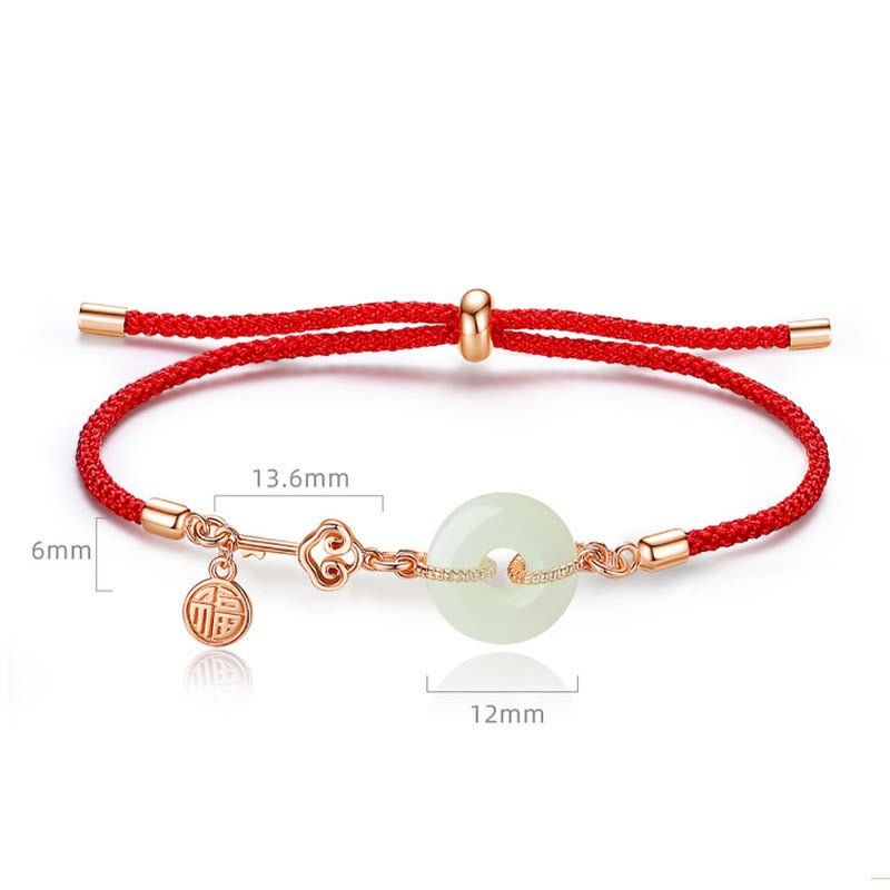 Buddha Stones Natürliche Hetian Jade Friedensschnalle 925 Sterling Silber Rote Schnur Fu Charakter Schutz Glück Armband