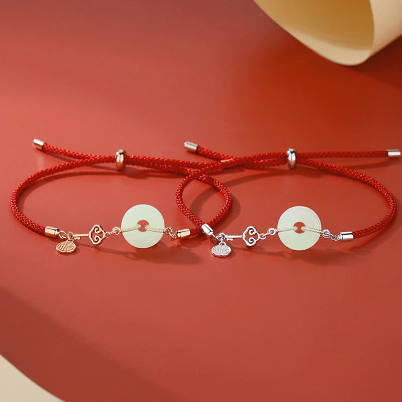 Buddha Stones Natürliche Hetian Jade Friedensschnalle 925 Sterling Silber Rote Schnur Fu Charakter Schutz Glück Armband