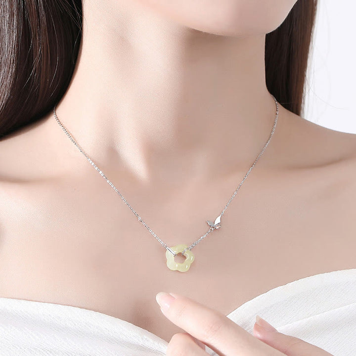 Buddha Stones 925 Sterling Silber Schmetterling Hetian Jade Blume Segen Halskette Anhänger - image 8