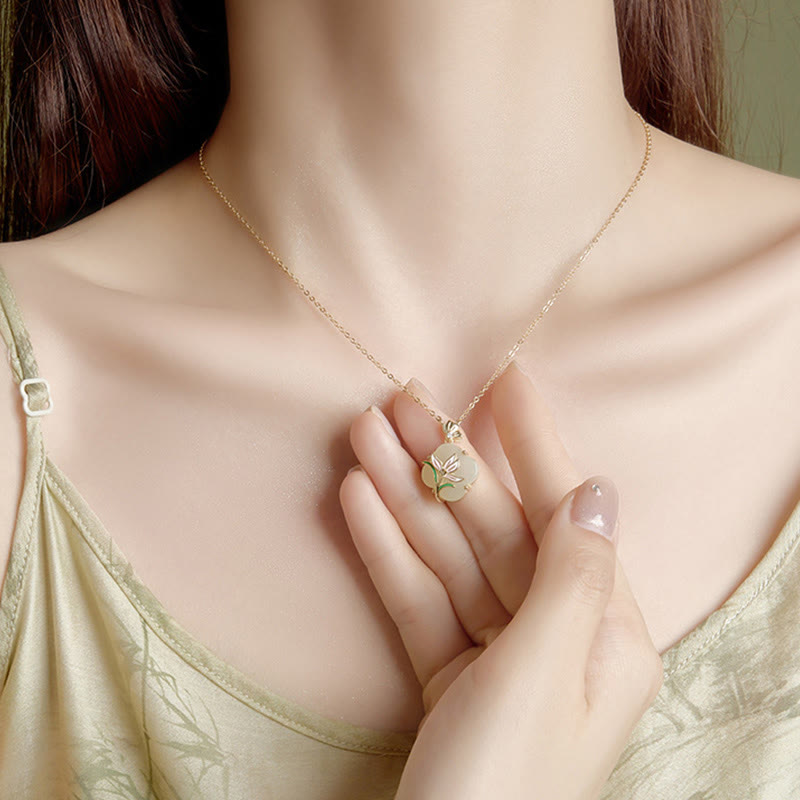 Buddha Stones 925 Sterling Silber Magnolie Schmetterling Hetian Jade Vierblättriges Kleeblatt Segen Ohrringe Halskette Anhänger - image 2