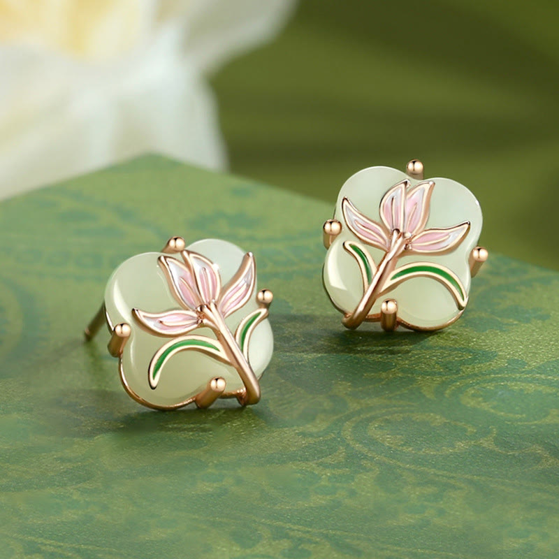 Buddha Stones 925 Sterling Silber Magnolie Schmetterling Hetian Jade Vierblättriges Kleeblatt Segen Ohrringe Halskette Anhänger - Hetian Jade Ohrringe - 925 Sterling Silber plattiert Roségold - image 10