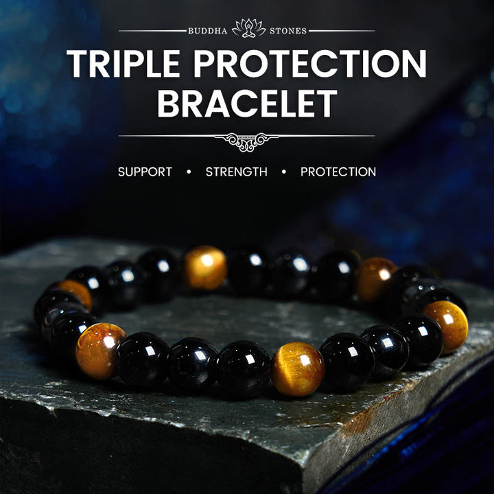 Buddha Stones Natürliches Tigerauge Obsidian Hämatit Positives Kraftvolles Armband