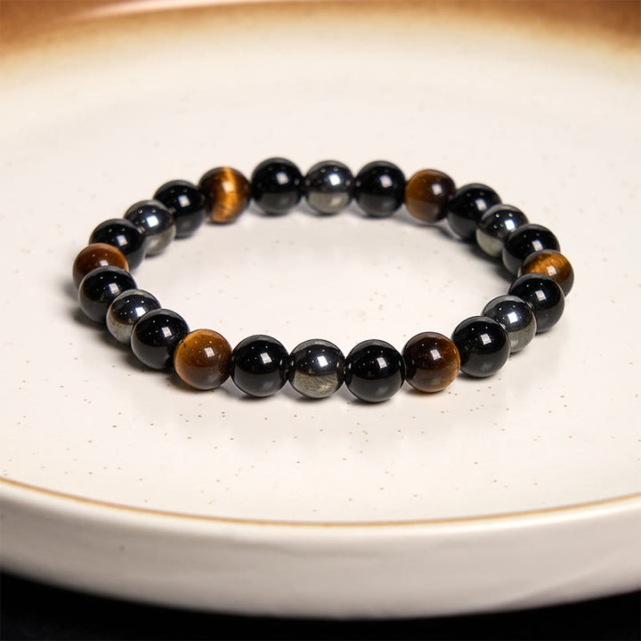 Buddha Stones Natürliches Tigerauge Obsidian Hämatit Positives Kraftvolles Armband