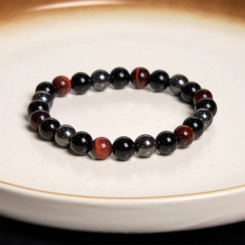 Buddha Stones Natürliches Tigerauge Obsidian Hämatit Positives Kraftvolles Armband