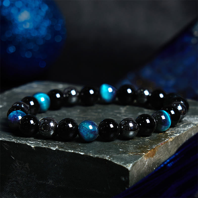 Buddha Stones Natürliches Tigerauge Obsidian Hämatit Positives Kraftvolles Armband