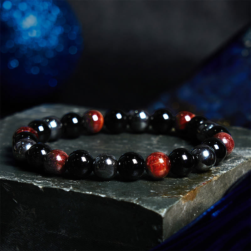 Buddha Stones Natürliches Tigerauge Obsidian Hämatit Positives Kraftvolles Armband