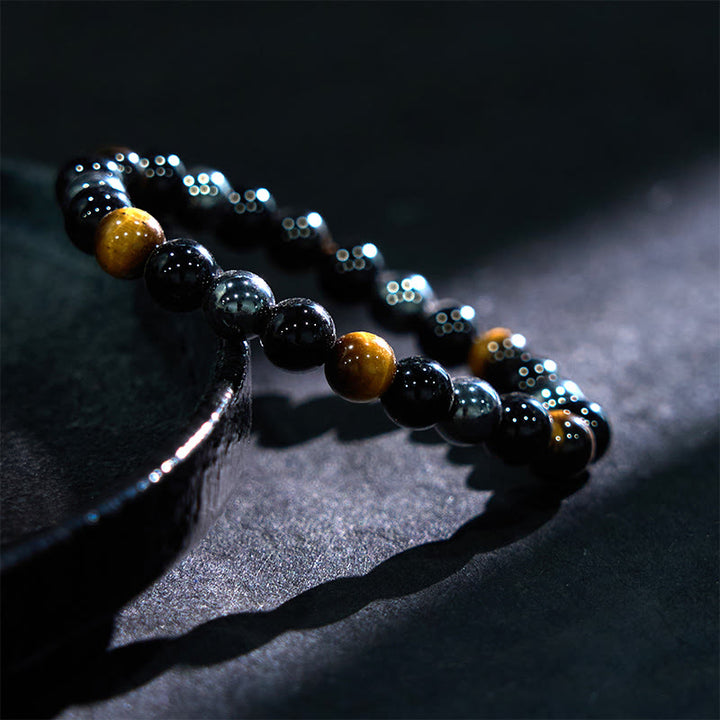 Buddha Stones Natürliches Tigerauge Obsidian Hämatit Positives Kraftvolles Armband