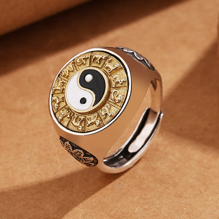 Buddha Stones Yin Yang Chinesisches Sternzeichen Kupfer Reichtum verstellbarer Ring