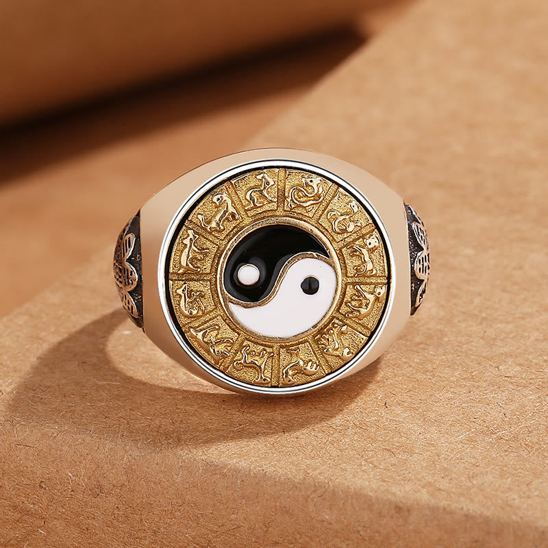 Buddha Stones Yin Yang Chinesisches Sternzeichen Kupfer Reichtum verstellbarer Ring