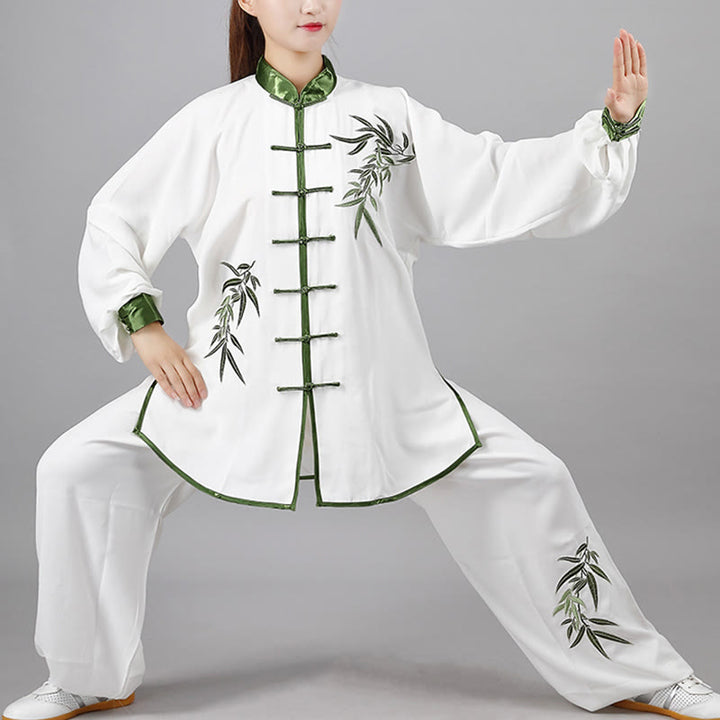 Buddha Stones, 2-teilig, Herbstgrün, Bambusblätter, Stickerei, Froschknopf, Tai Chi, Meditation, Qigong, Zen-Praxis, Unisex-Kleidungsset aus Baumwolle - Weiß - 3XL- Passend für US/ UK/AU/ EU- XL - image 0