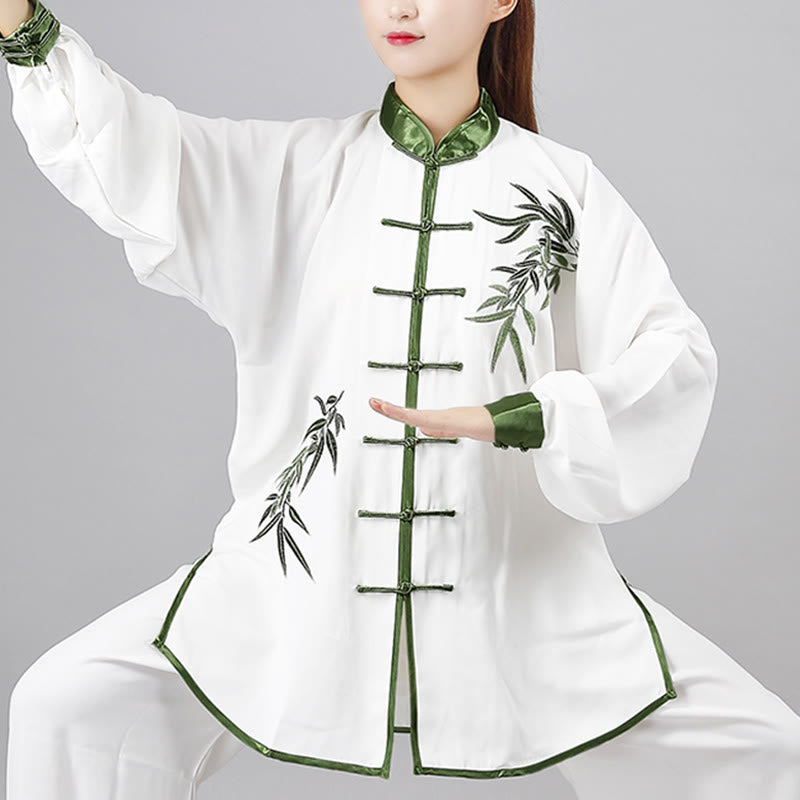 Buddha Stones, 2-teilig, Herbstgrün, Bambusblätter, Stickerei, Froschknopf, Tai Chi, Meditation, Qigong, Zen-Praxis, Unisex-Kleidungsset aus Baumwolle - image 1