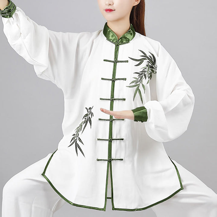 Buddha Stones, 2-teilig, Herbstgrün, Bambusblätter, Stickerei, Froschknopf, Tai Chi, Meditation, Qigong, Zen-Praxis, Unisex-Kleidungsset aus Baumwolle - image 1