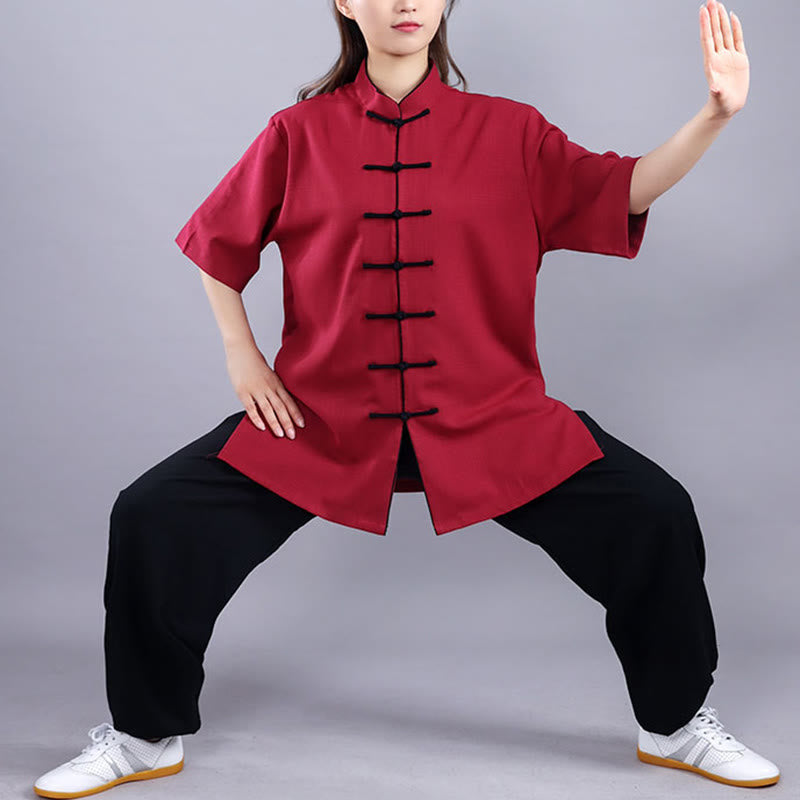 Buddha Stones 2-teiliges Herbst-Winter-Kleidungsset mit Frosch-Knopf, Tai Chi, Meditation, Qigong, Zen-Praxis, Unisex, Baumwolle, Leinen - Kurzarm Weinrot - 3XL– PASSEND FÜR US/ UK/ AU/ EU– XL - image 11