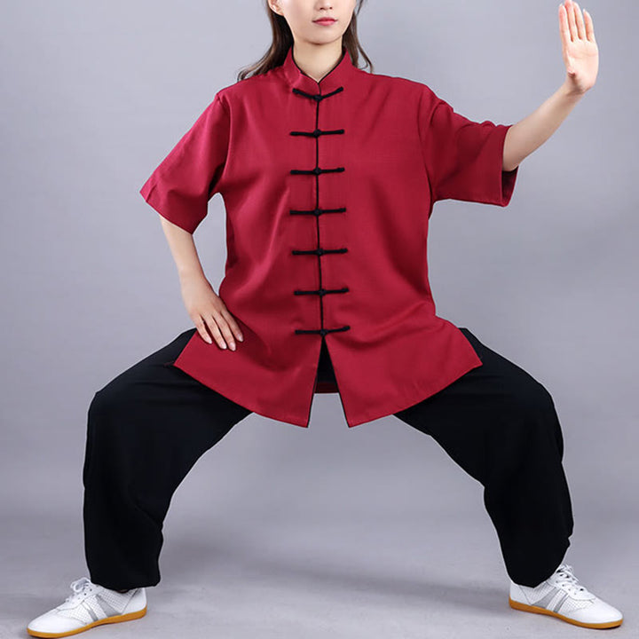 Buddha Stones 2-teiliges Herbst-Winter-Kleidungsset mit Frosch-Knopf, Tai Chi, Meditation, Qigong, Zen-Praxis, Unisex, Baumwolle, Leinen - Kurzarm Weinrot - 3XL– PASSEND FÜR US/ UK/ AU/ EU– XL - image 11
