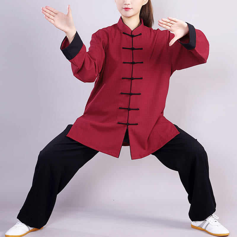 Buddha Stones 2-teiliges Herbst-Winter-Kleidungsset mit Frosch-Knopf, Tai Chi, Meditation, Qigong, Zen-Praxis, Unisex, Baumwolle, Leinen - Kastanienbraun-Rot (Fleecegefüttert) - 3XL- Passend für US/ UK/AU/ EU- XL - image 0