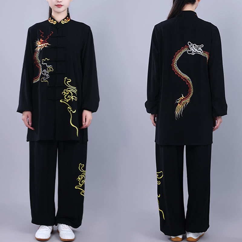 Buddha Stones, 2-teilig, Herbst-Stickerei, Drachen-/Frosch-Knopf, Tai Chi, Meditation, Qigong, Zen-Praxis, Unisex-Baumwoll-Kleidungsset - Schwarz - 3XL-PASSFORM FÜR US/GB/AU/EU-XL - image 0