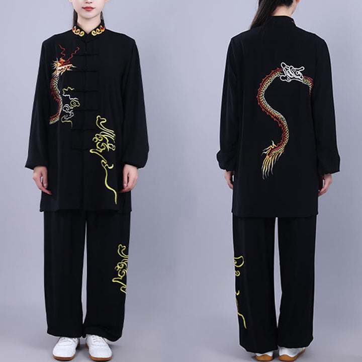 Buddha Stones, 2-teilig, Herbst-Stickerei, Drachen-/Frosch-Knopf, Tai Chi, Meditation, Qigong, Zen-Praxis, Unisex-Baumwoll-Kleidungsset - Schwarz - 3XL-PASSFORM FÜR US/GB/AU/EU-XL - image 0