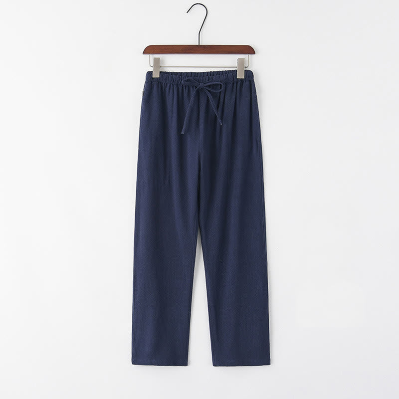 Buddha Stones Frühling Sommer Einfarbige Herren Leinenhose mit Kordelzug und Taschen - Stahlblau - US/ UK/AU44，EU54 (4XL) - image 4
