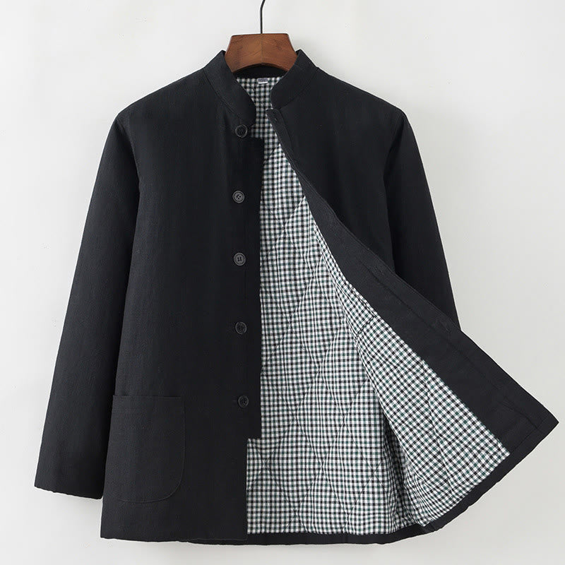 Buddha Stones Winter Herren Froschknopf Tang Anzug Leinen Baumwolle Fleece gefüttert Jacke Hemd mit Taschen - Schwarz - Button-Down - US/ UK/AU44，EU54 (4XL) - image 12