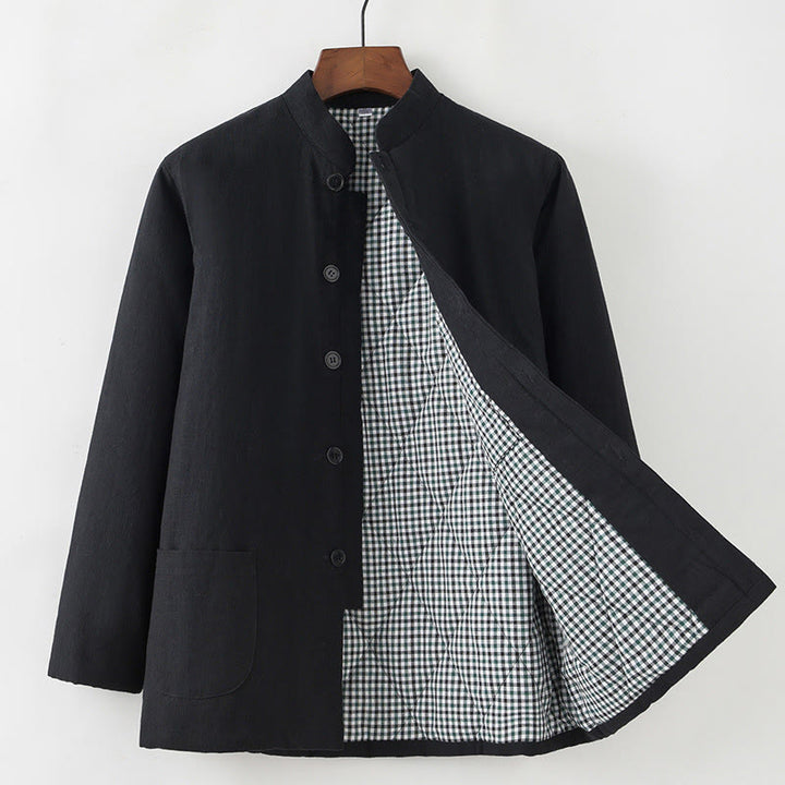 Buddha Stones Winter Herren Froschknopf Tang Anzug Leinen Baumwolle Fleece gefüttert Jacke Hemd mit Taschen - Schwarz - Button-Down - US/ UK/AU44，EU54 (4XL) - image 12
