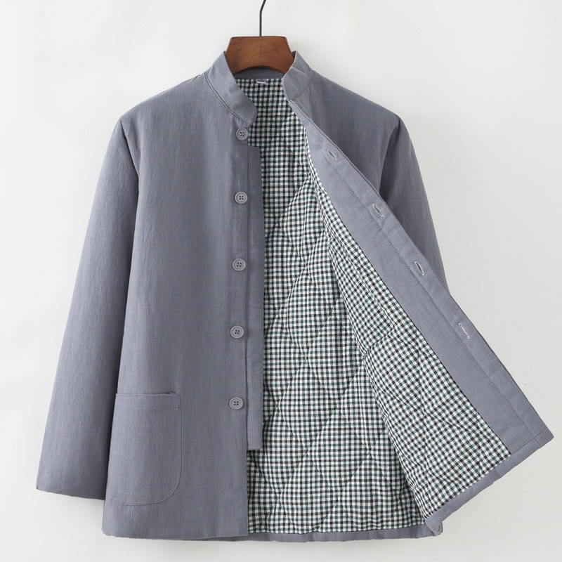 Buddha Stones Winter Herren Froschknopf Tang Anzug Leinen Baumwolle Fleece gefüttert Jacke Hemd mit Taschen - Grau - Button-Down - US/ UK/AU44，EU54 (4XL) - image 3