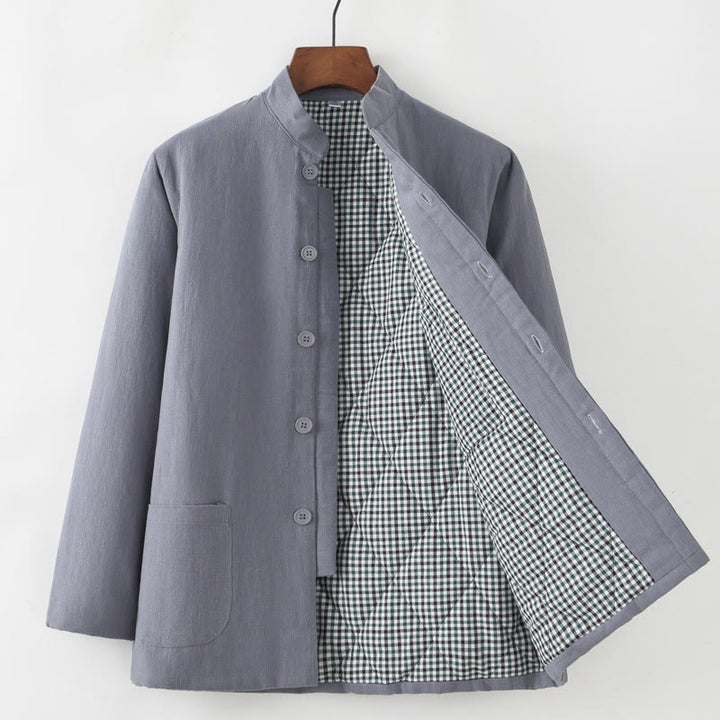 Buddha Stones Winter Herren Froschknopf Tang Anzug Leinen Baumwolle Fleece gefüttert Jacke Hemd mit Taschen - Grau - Button-Down - US/ UK/AU44，EU54 (4XL) - image 3