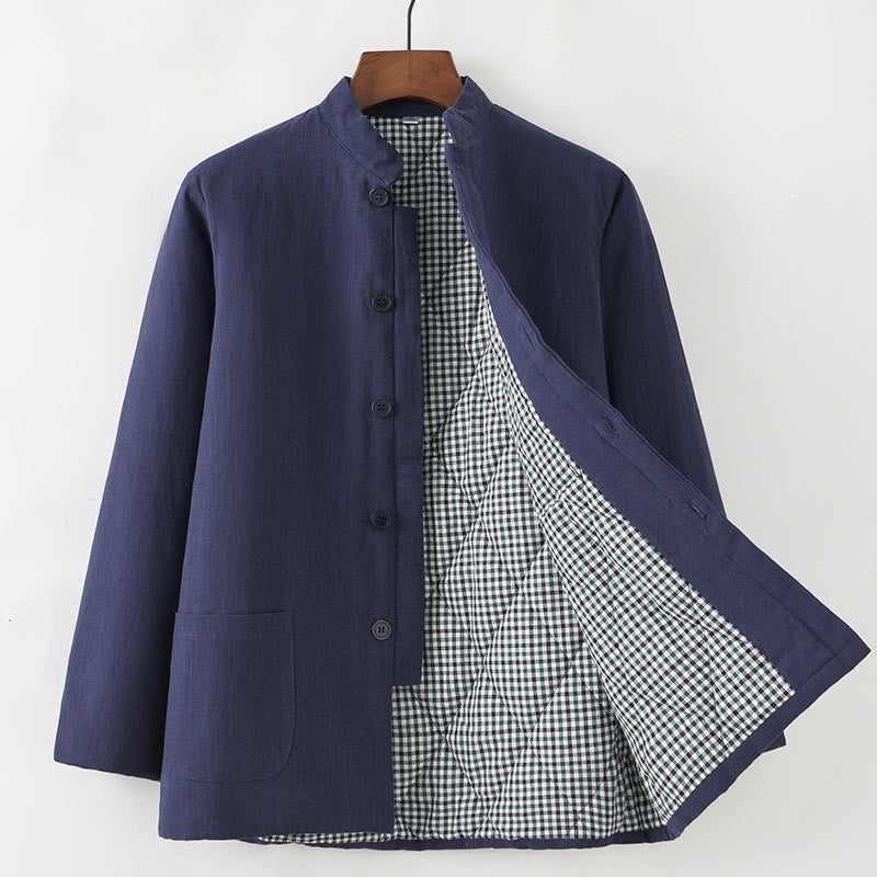 Buddha Stones Winter Herren Froschknopf Tang Anzug Leinen Baumwolle Fleece gefüttert Jacke Hemd mit Taschen - Stahlblau - Button-Down - US/ UK/AU44，EU54 (4XL) - image 0
