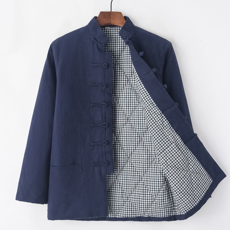 Buddha Stones Winter Herren Froschknopf Tang Anzug Leinen Baumwolle Fleece gefüttert Jacke Hemd mit Taschen - Stahlblau - Frosch-Button - US/ UK/AU44，EU54 (4XL) - image 14
