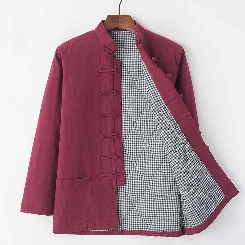 Buddha Stones Winter Herren Froschknopf Tang Anzug Leinen Baumwolle Fleece gefüttert Jacke Hemd mit Taschen - Feuerfestziegel - Froschknopf - US/UK/AU44, EU54 (4XL) - image 17