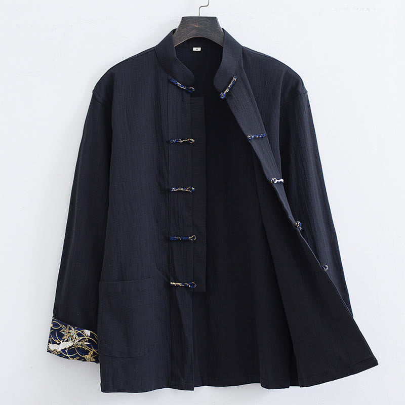 Buddha Stones Herren Tang-Anzug aus Baumwolle mit Froschknöpfen, weiße Kranich-Stickerei, Jacke, Hemd mit Taschen - image 2