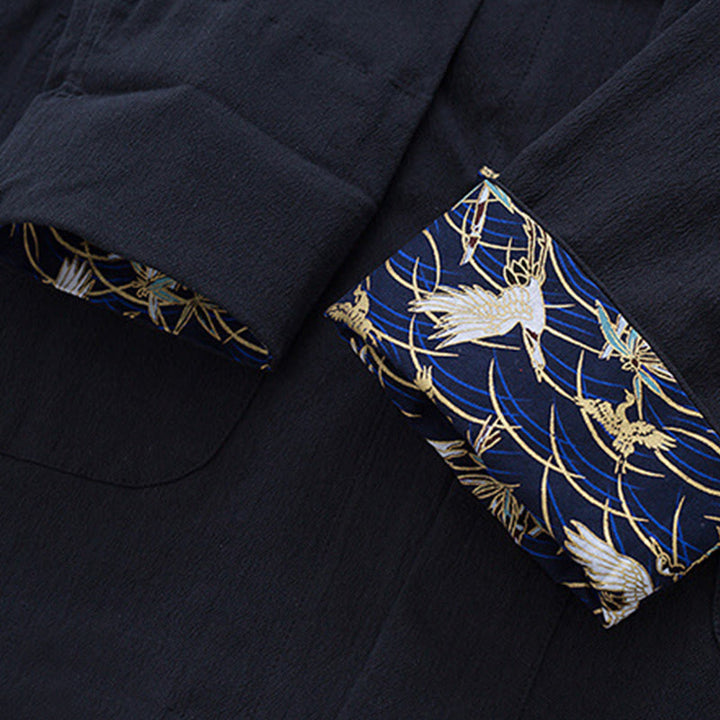 Buddha Stones Herren Tang-Anzug aus Baumwolle mit Froschknöpfen, weiße Kranich-Stickerei, Jacke, Hemd mit Taschen - image 6