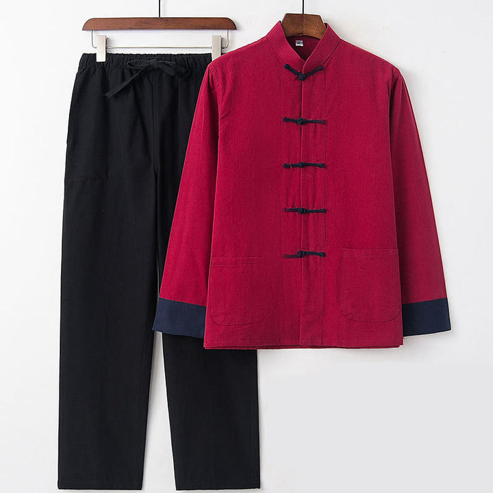 Buddha Stones 2-teiliges Herbst-Tang-Anzug-Set für Herren mit Froschknöpfen aus Baumwolle, langärmelig, Hemd und Hose - Weinrot Blaue Ärmel - US/UK/AU46, EU56 (5XL) - image 13