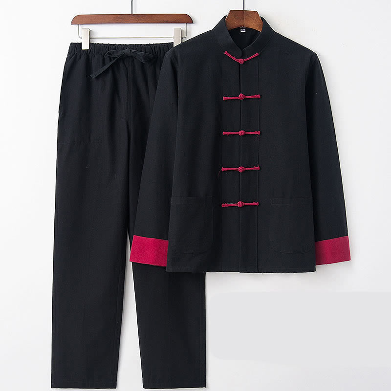 Buddha Stones 2-teiliges Herbst-Tang-Anzug-Set für Herren mit Froschknöpfen aus Baumwolle, langärmelig, Hemd und Hose - Schwarz Rot Ärmel - US/ UK/AU46，EU56 (5XL) - image 15