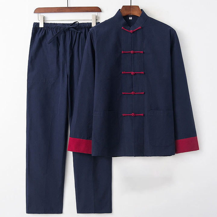 Buddha Stones 2-teiliges Herbst-Tang-Anzug-Set für Herren mit Froschknöpfen aus Baumwolle, langärmelig, Hemd und Hose - Marineblaue rote Ärmel - US/ UK/AU46，EU56 (5XL) - image 0