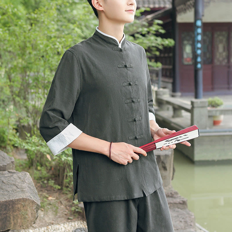 Buddha Stones 2-teiliges Herbst-Tang-Anzug-Set für Herren mit Froschknöpfen aus Baumwolle mit Dreiviertelärmeln und Hose - image 15