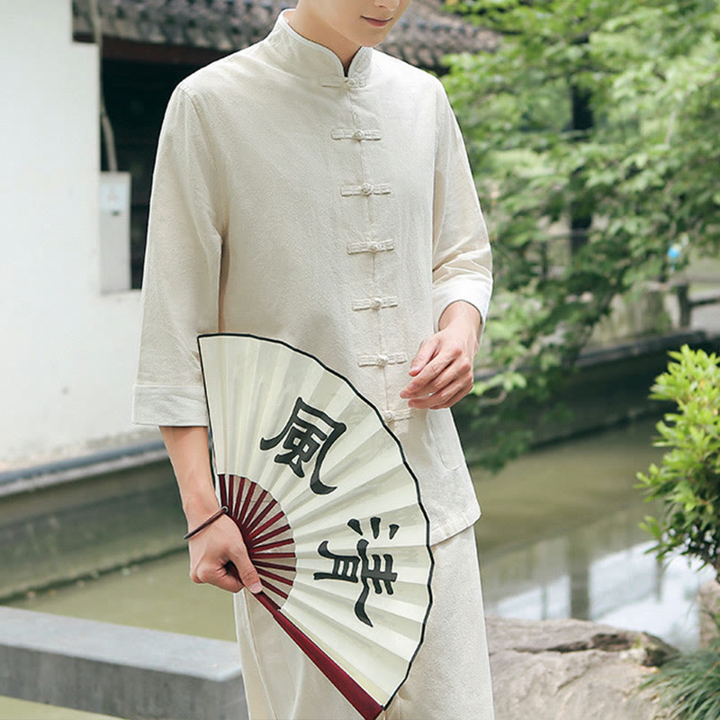 Buddha Stones 2-teiliges Herbst-Tang-Anzug-Set für Herren mit Froschknöpfen aus Baumwolle mit Dreiviertelärmeln und Hose - Leinen - US/ UK/AU48, EU58 (6XL) - image 2