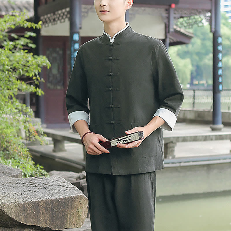 Buddha Stones 2-teiliges Herbst-Tang-Anzug-Set für Herren mit Froschknöpfen aus Baumwolle mit Dreiviertelärmeln und Hose - image 16