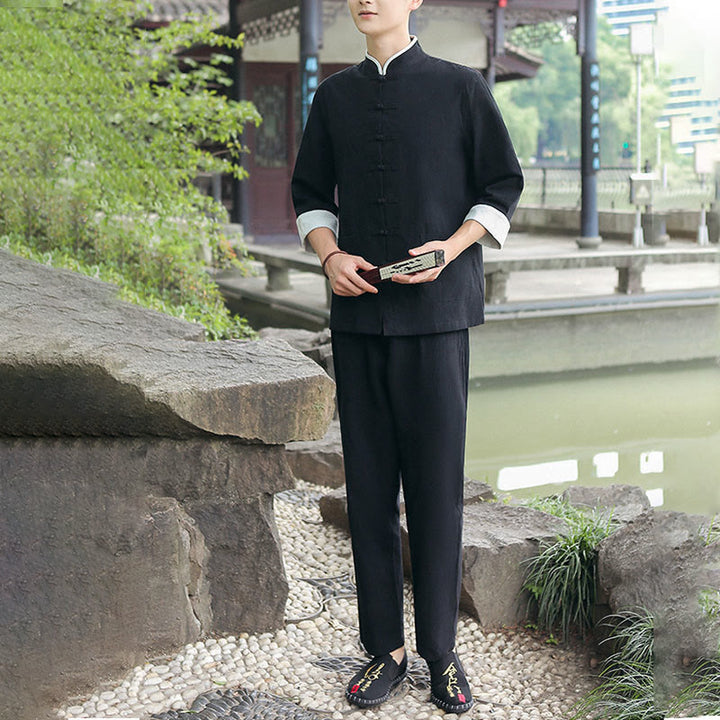 Buddha Stones 2-teiliges Herbst-Tang-Anzug-Set für Herren mit Froschknöpfen aus Baumwolle mit Dreiviertelärmeln und Hose - image 8