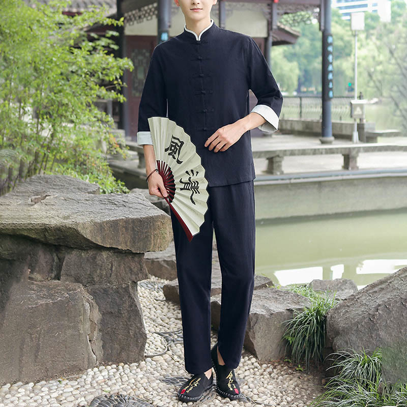 Buddha Stones 2-teiliges Herbst-Tang-Anzug-Set für Herren mit Froschknöpfen aus Baumwolle mit Dreiviertelärmeln und Hose - image 7