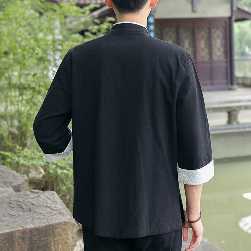 Buddha Stones 2-teiliges Herbst-Tang-Anzug-Set für Herren mit Froschknöpfen aus Baumwolle mit Dreiviertelärmeln und Hose - image 11