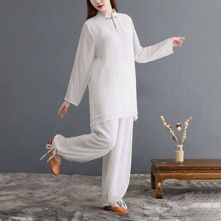 Buddha Stones 2-teiliges, einfarbiges Damen-Langarmshirt- und Hosen-Meditationskleidungsset - image 17