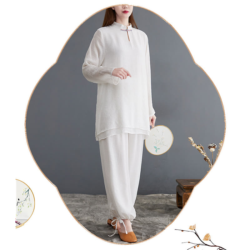 Buddha Stones 2-teiliges, einfarbiges Damen-Langarmshirt- und Hosen-Meditationskleidungsset