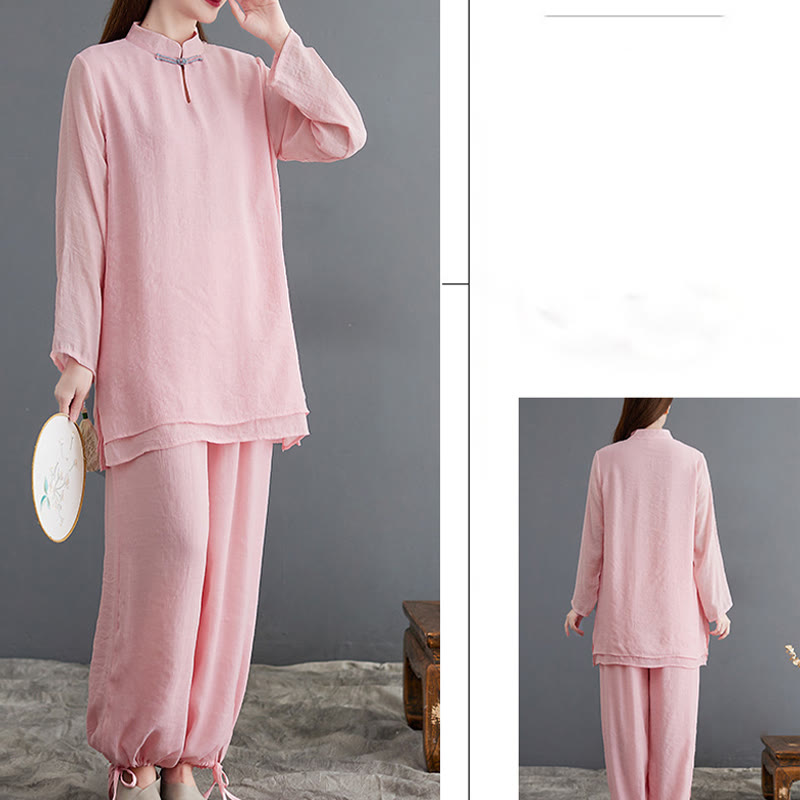 Buddha Stones 2-teiliges, einfarbiges Damen-Langarmshirt- und Hosen-Meditationskleidungsset - image 5