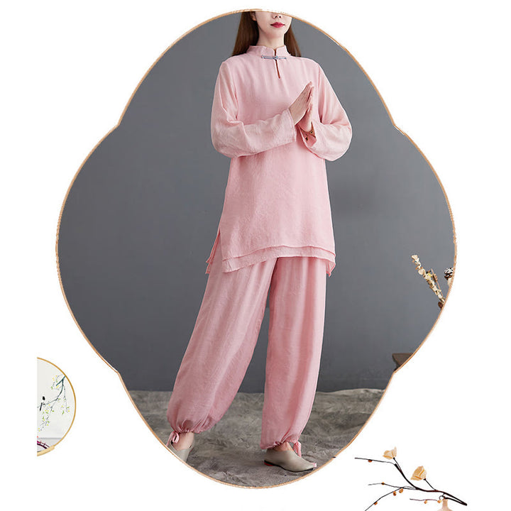 Buddha Stones 2-teiliges, einfarbiges Damen-Langarmshirt- und Hosen-Meditationskleidungsset - image 6