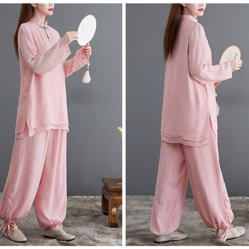 Buddha Stones 2-teiliges, einfarbiges Damen-Langarmshirt- und Hosen-Meditationskleidungsset - image 3