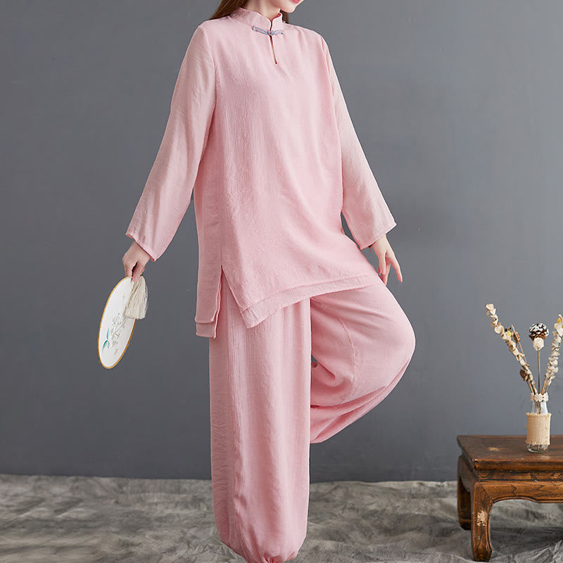 Buddha Stones 2-teiliges, einfarbiges Damen-Langarmshirt- und Hosen-Meditationskleidungsset - image 2