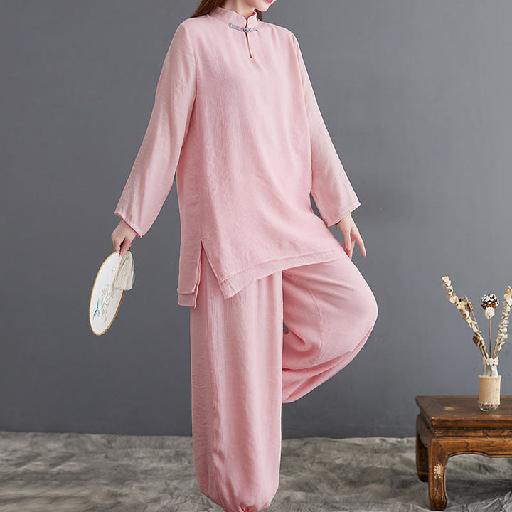 Buddha Stones 2-teiliges, einfarbiges Damen-Langarmshirt- und Hosen-Meditationskleidungsset - image 2