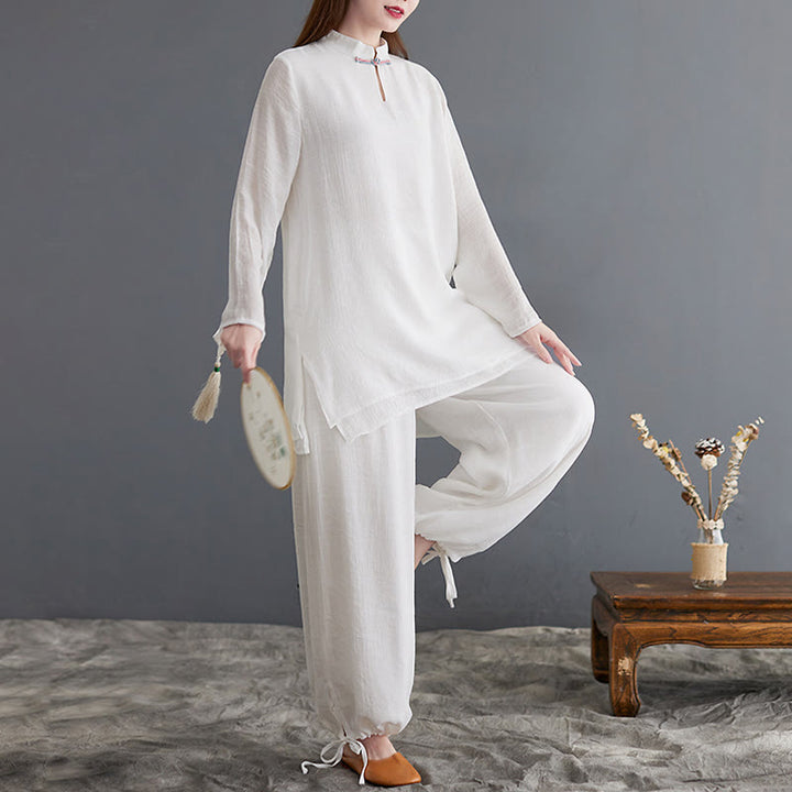 Buddha Stones 2-teiliges, einfarbiges Damen-Langarmshirt- und Hosen-Meditationskleidungsset